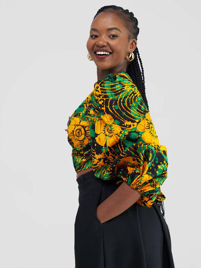 African Yuva Lila African Print Wrap Top - Green / Yellow - Shopzetu