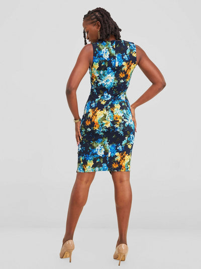 The Fashion Frenzy V - Neck Floral Pencil Dress - Blue - Shopzetu