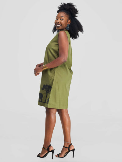 Sleeveless Animal Tree Line Dress - Jungle Green - Shopzetu