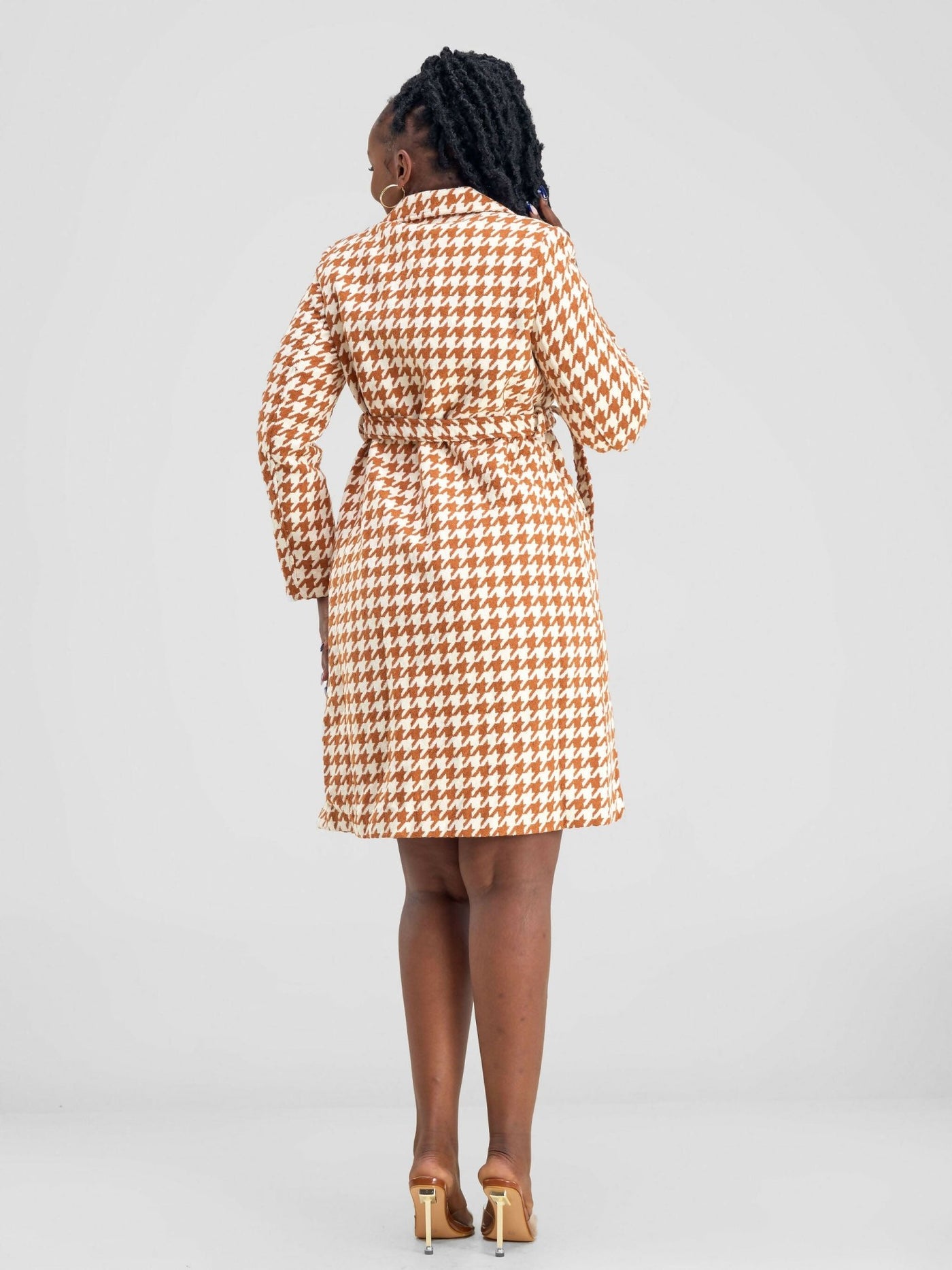 Stylish Sisters Houndstooth Trench - Coat Jacket - Orange / White - Shopzetu