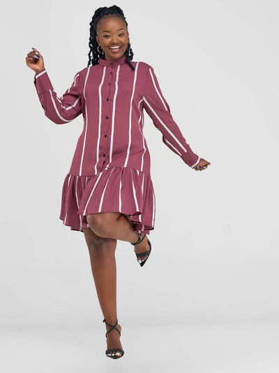 Kilele Collection Romp Stripped Shirt Dress - Chocolate - Shopzetu