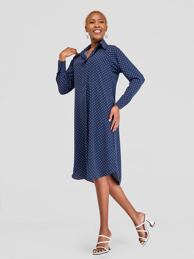 Vivo Yumi Long Sleeve Shirt Dress - Light Navy Print - Shopzetu