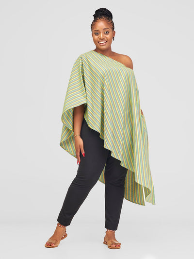 Safari Haya 0ne Shoulder Asymmetrical Side Tie Top - Dark Green Kiki Print - Shopzetu