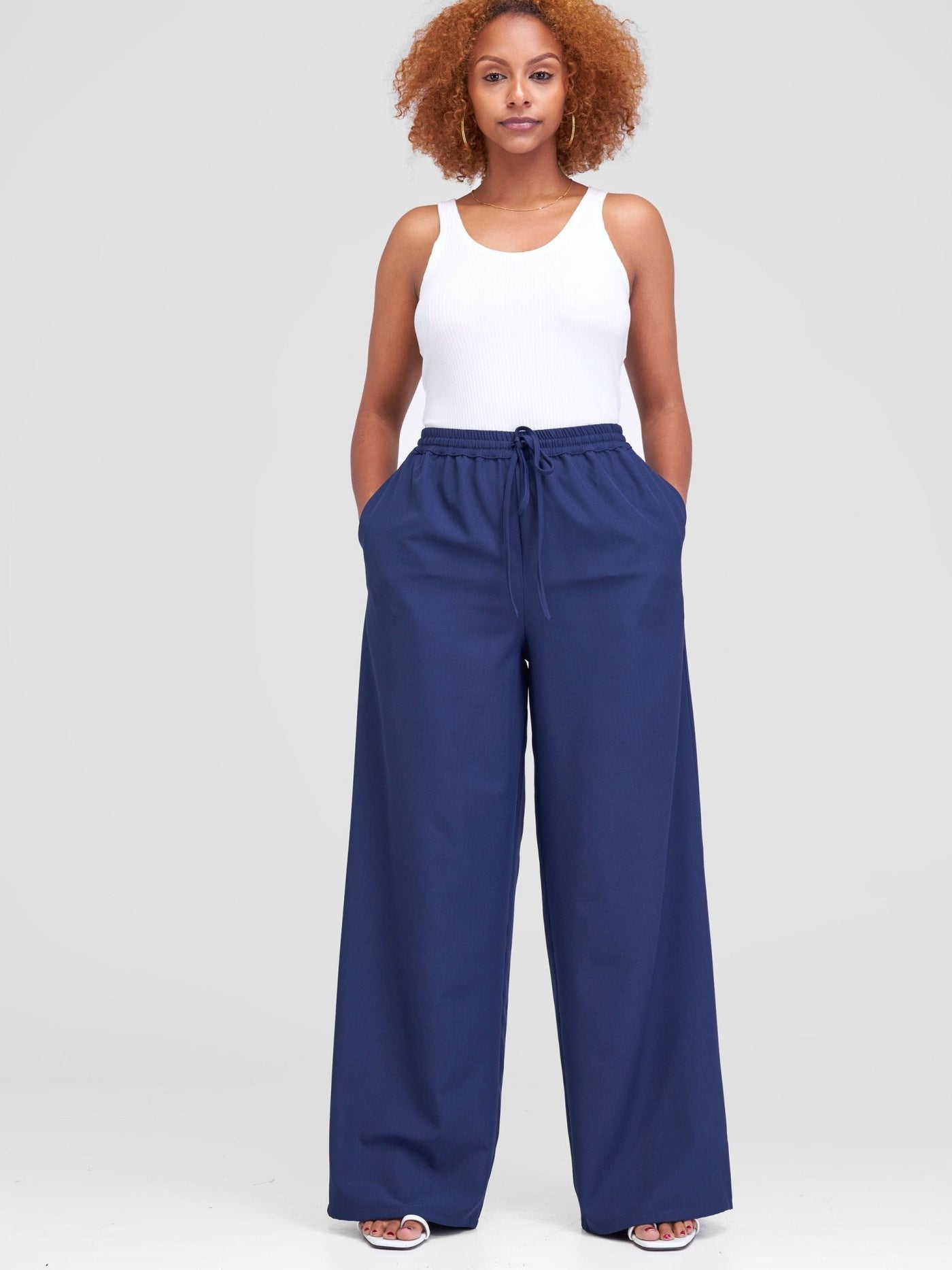 Vivo Zahari Drawstring Wide Leg Pants - Navy Blue - Shopzetu