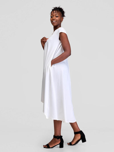 Vivo Ponte Back Pleat High Low Dress - Off White