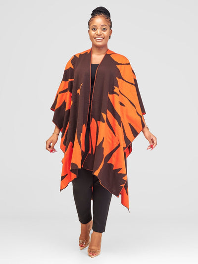 Vivo Reversible Printed Poncho - Chocolate Brown / Tangerine Pepeo Print - Shopzetu