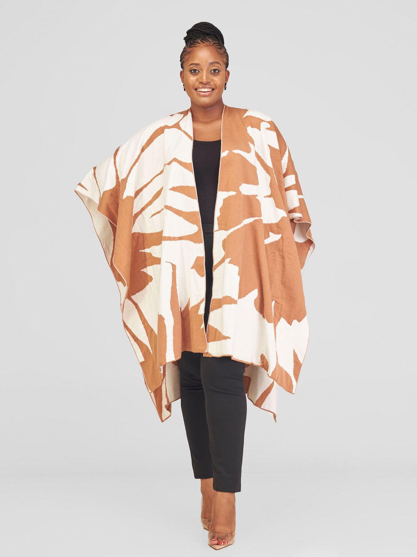 Vivo Reversible Printed Poncho - Caramel / Off-white  Pepeo Print