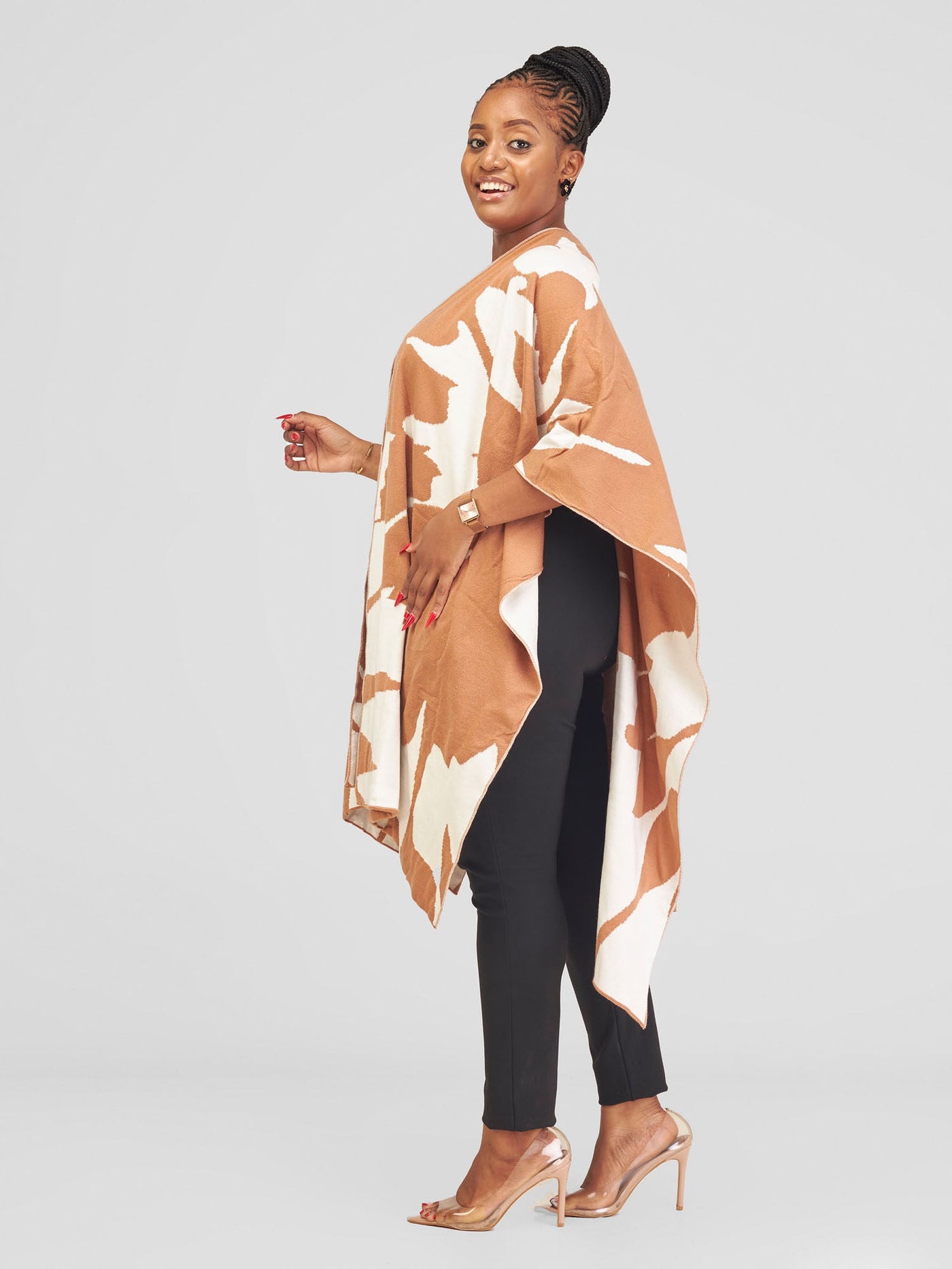 Vivo Reversible Printed Poncho - Caramel / Off-white  Pepeo Print