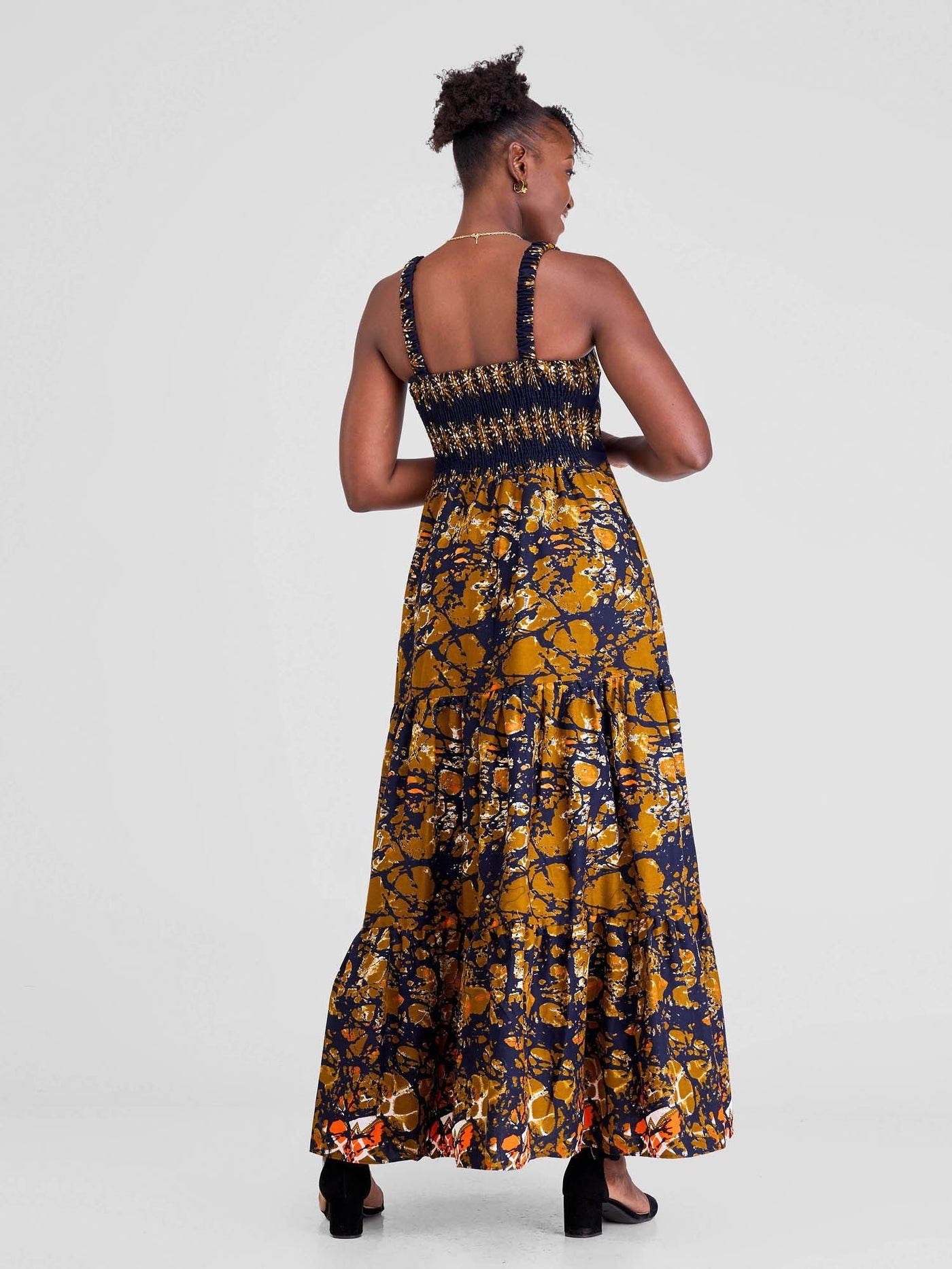 Vivo Kitenge Strappy Tiered Maxi Dress - Dark Mustard / Navy Blue Ankara Print - Shopzetu