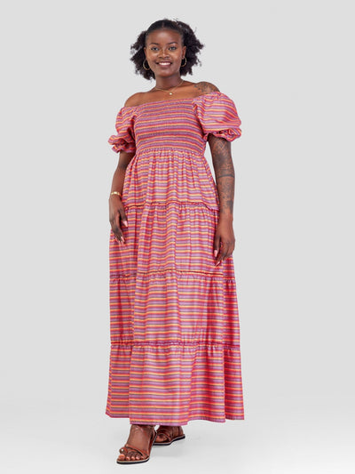 Safari Kikoy Shirred Top Maxi Dress - Red Print - Shopzetu