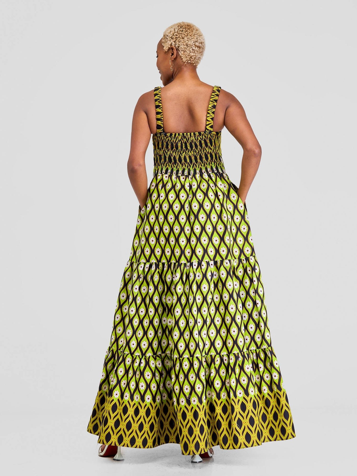 Vivo Kitenge Strappy Tiered Maxi Dress - Lime Green / Black Ankara Print - Shopzetu