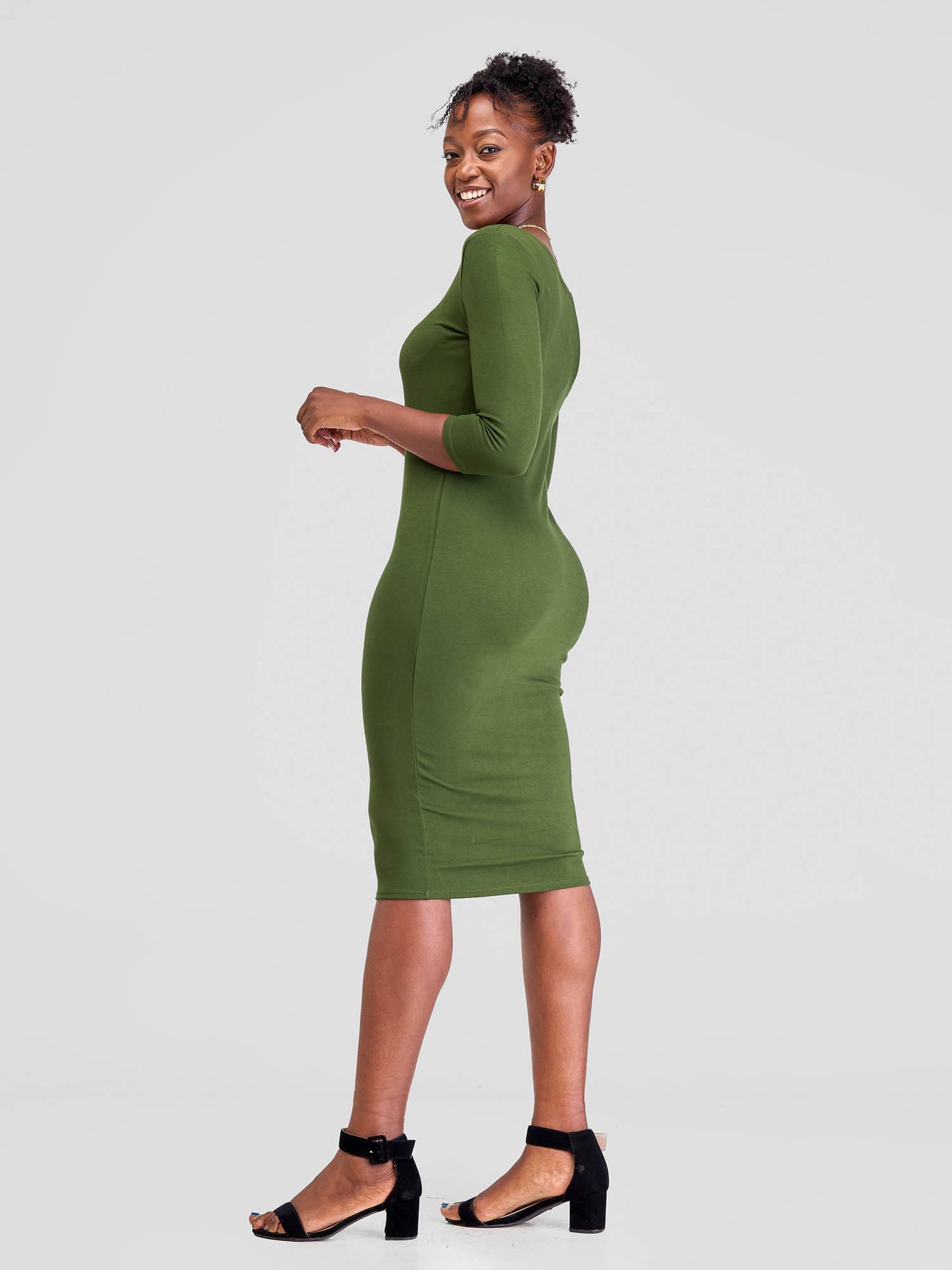 Vivo Basic 3/4 Sleeve Leila Bodycon Dress - Hunters Green