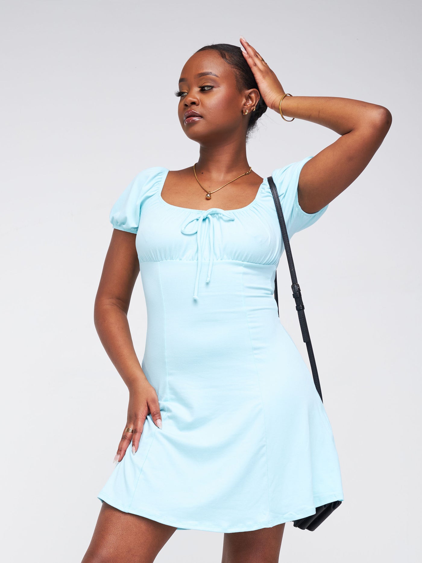 Popular 21 Square Neck Puff Sleeve Flare Dress - Turquoise