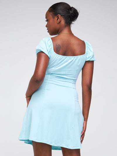Popular 21 Square Neck Puff Sleeve Flare Dress - Turquoise
