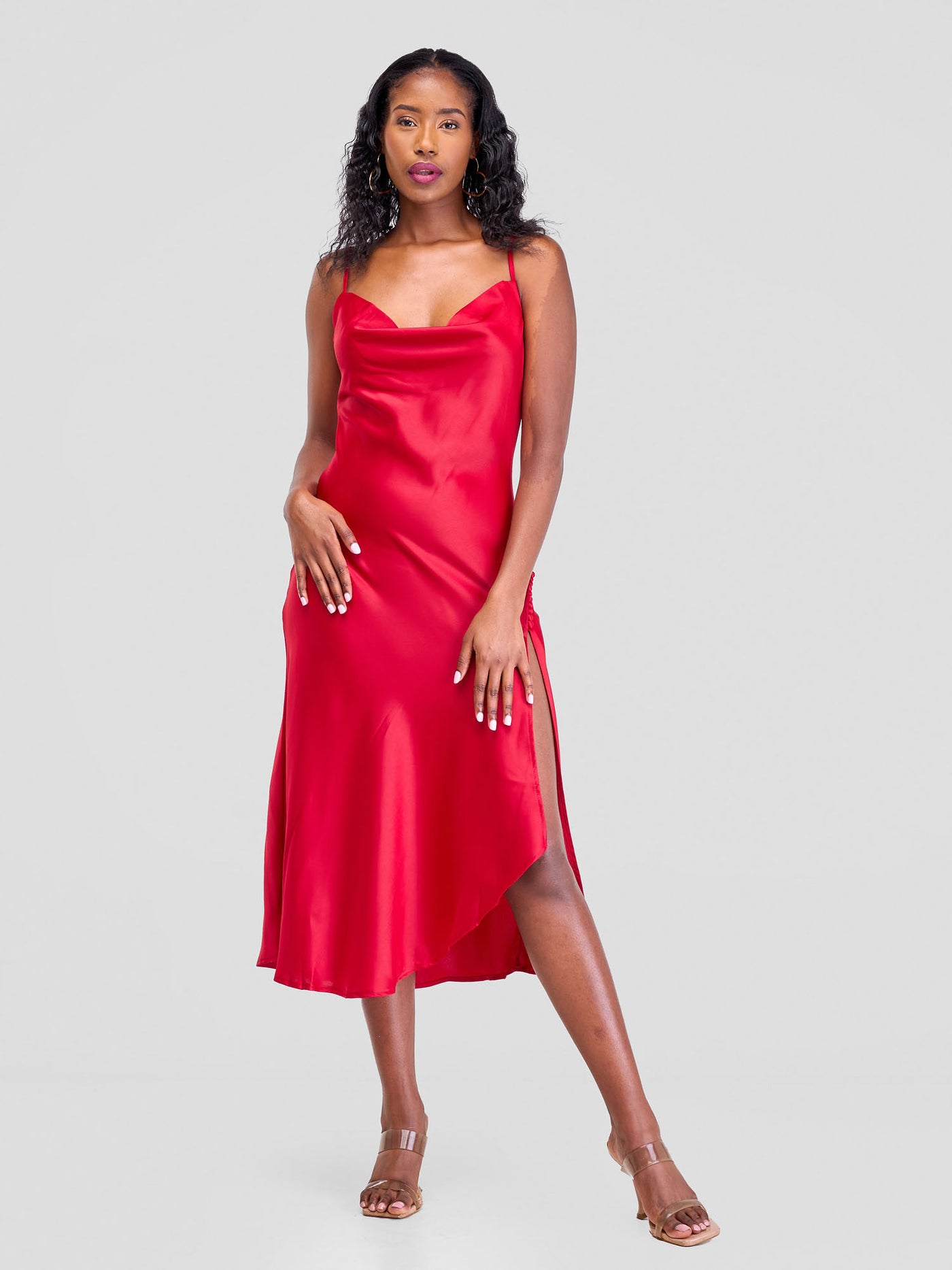 Lola Satin Slip Dress With Side Buttons - Red