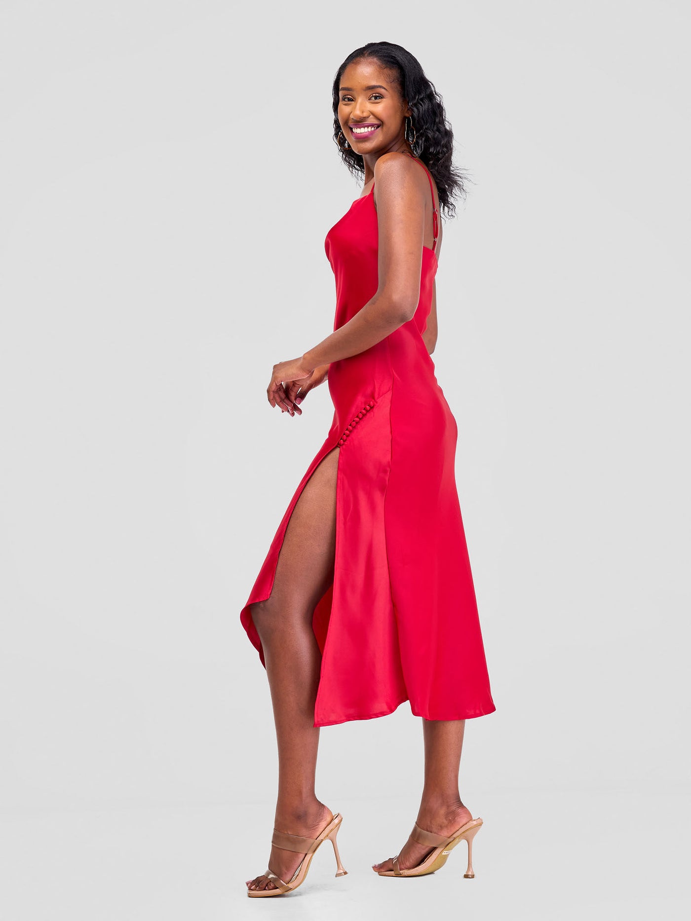 Lola Satin Slip Dress With Side Buttons - Red