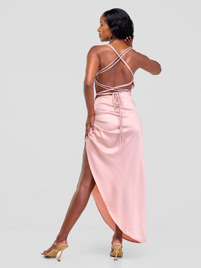 Lola Backless Strappy Satin Dress  With High Side Slit - Baby Pink