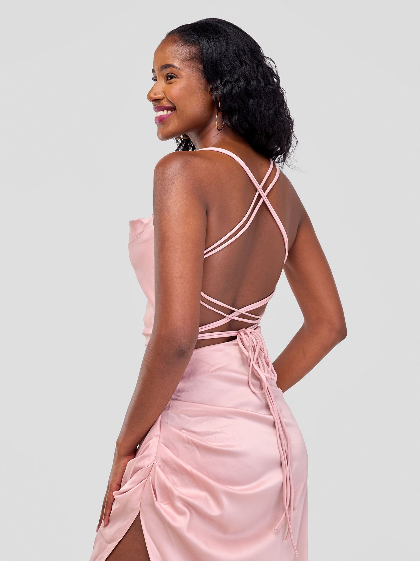 Lola Backless Strappy Satin Dress  With High Side Slit - Baby Pink