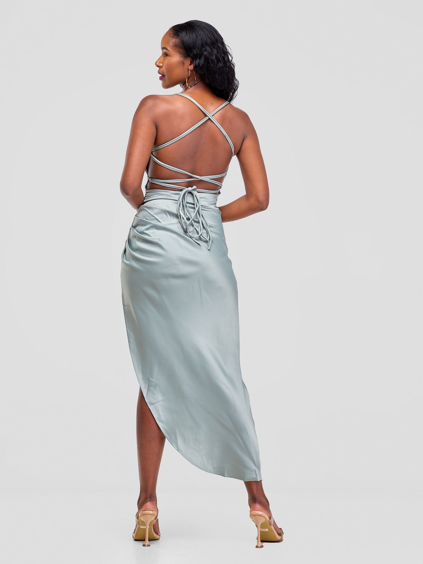 Lola Backless Strappy Satin Dress  With High Side Slit - Green