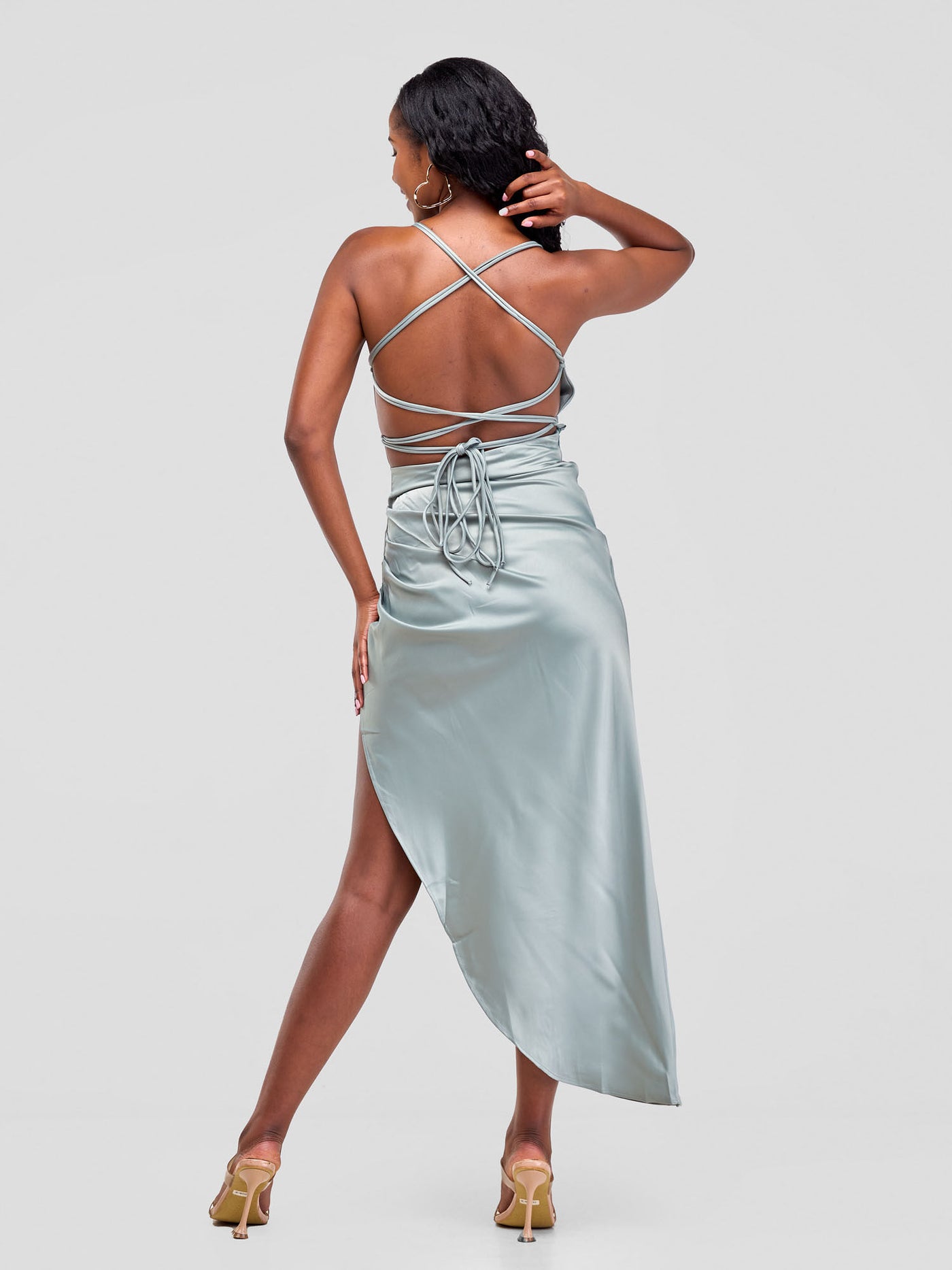Lola Backless Strappy Satin Dress  With High Side Slit - Green