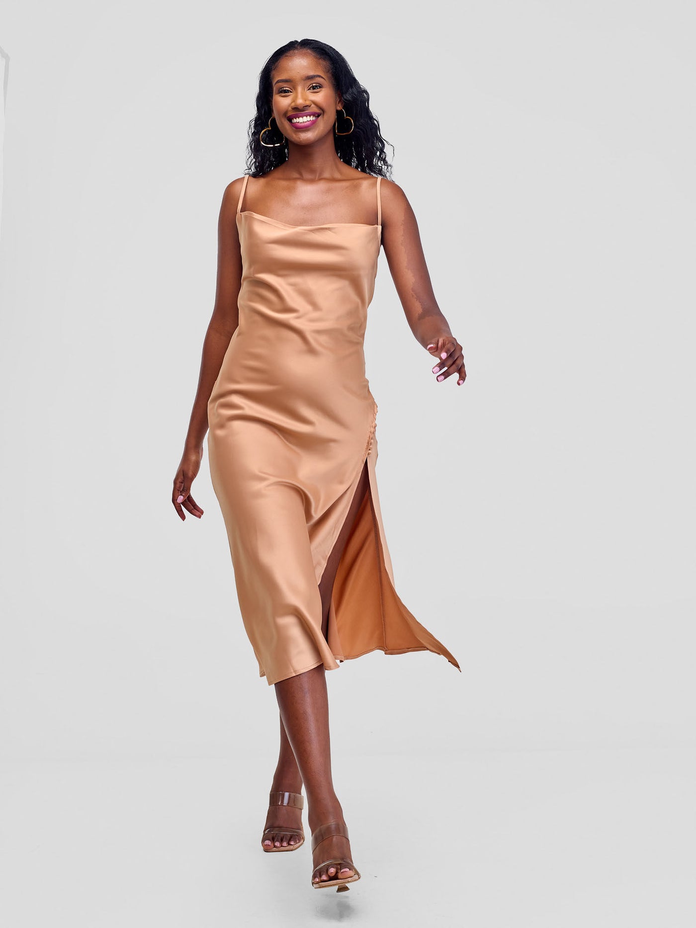 Lola Satin Slip Dress With Side Buttons - Tan