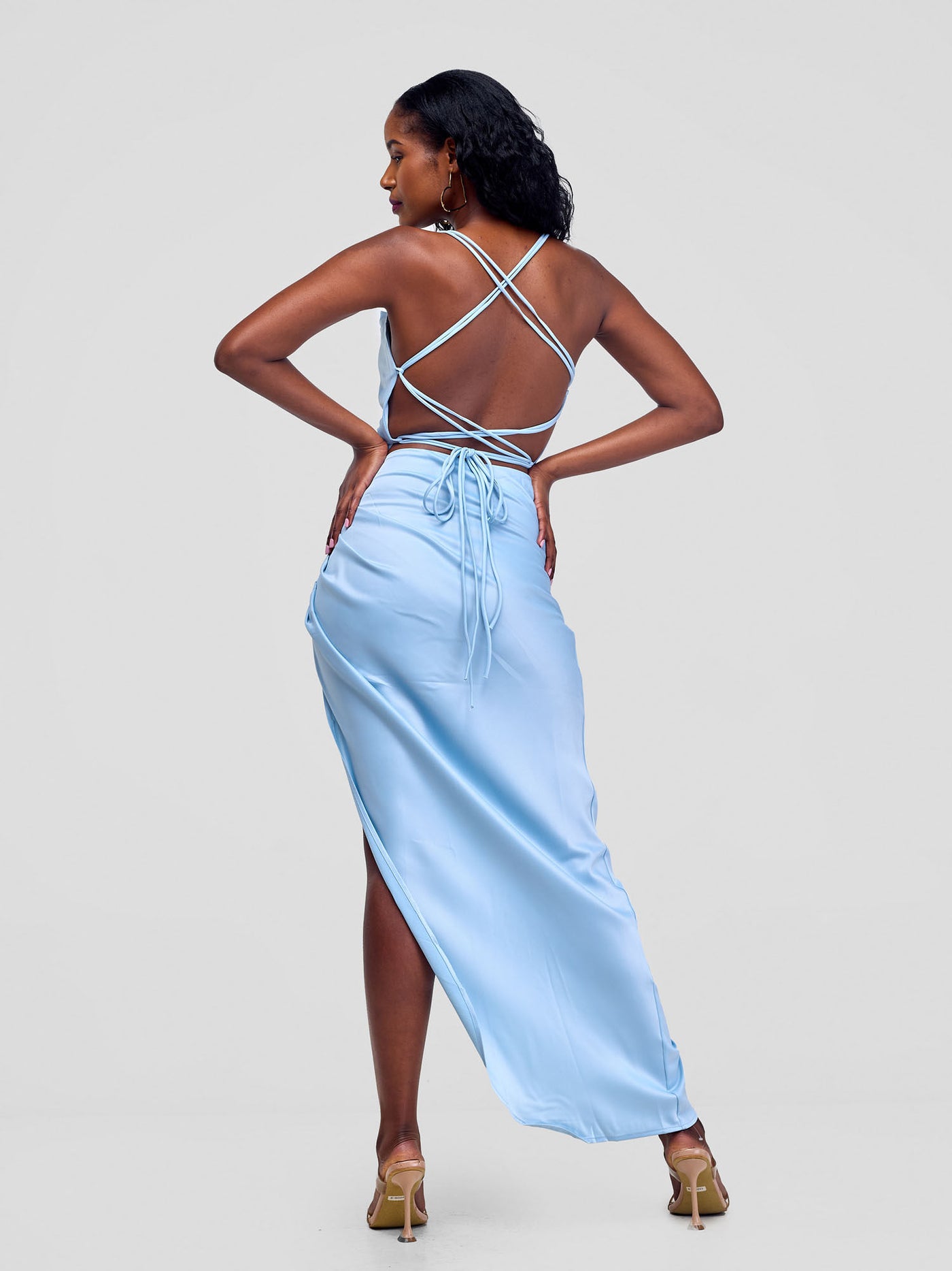 Lola Backless Strappy Satin Dress  With High Side Slit - Baby Blue