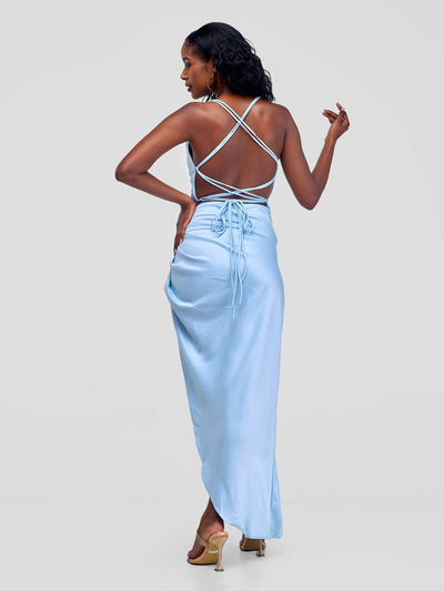 Lola Backless Strappy Satin Dress  With High Side Slit - Baby Blue