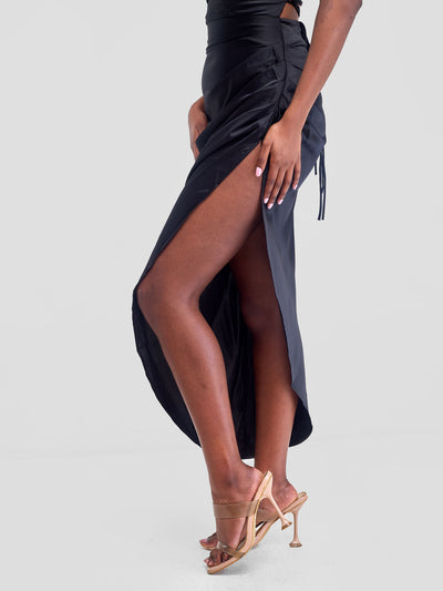 Lola Backless Strappy Satin Dress  With High Side Slit - Black