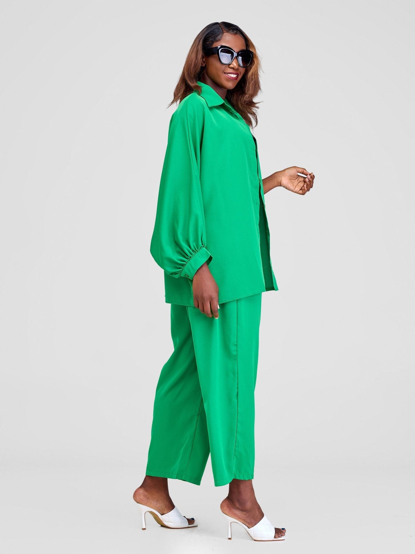 Alara Two Piece Batwing Design Top & Straight Leg Pants - Green - Shopzetu