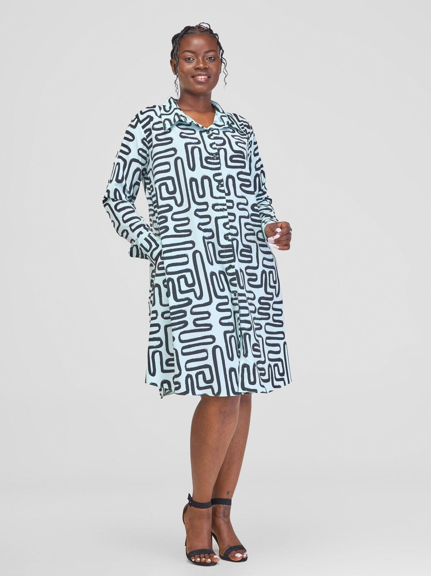 Vivo Basic Tent Shirt Dress - Blue / Black Abstract Print - Shopzetu