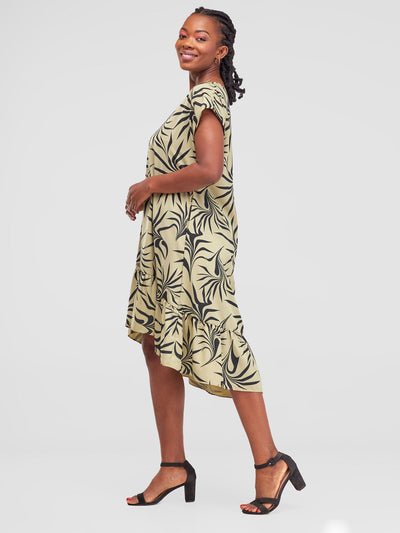 Vivo Asha Drop Shoulder Knee Length Dress - Lime / Black Tezo Print - Shopzetu
