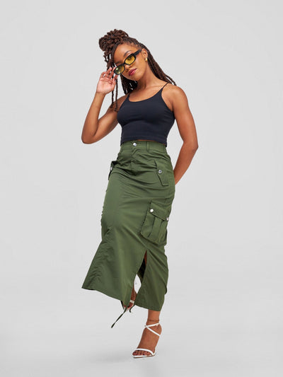 Anika Parachute Long Cargo Skirt With Side Slit & Hanging Adjustable Drawcord - Green - Shopzetu