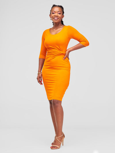 Vivo Basic Side Twist Knee Length Dress - Orange