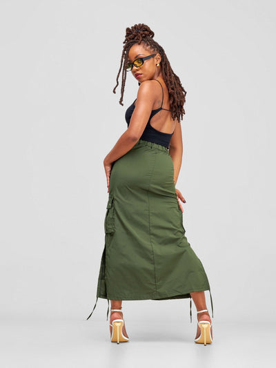 Anika Parachute Long Cargo Skirt With Side Slit & Hanging Adjustable Drawcord - Green - Shopzetu