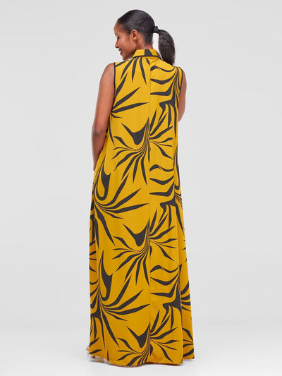 Vivo Asha Sleeveless Maxi Dress - Mustard / Black Tezo Print - Shopzetu