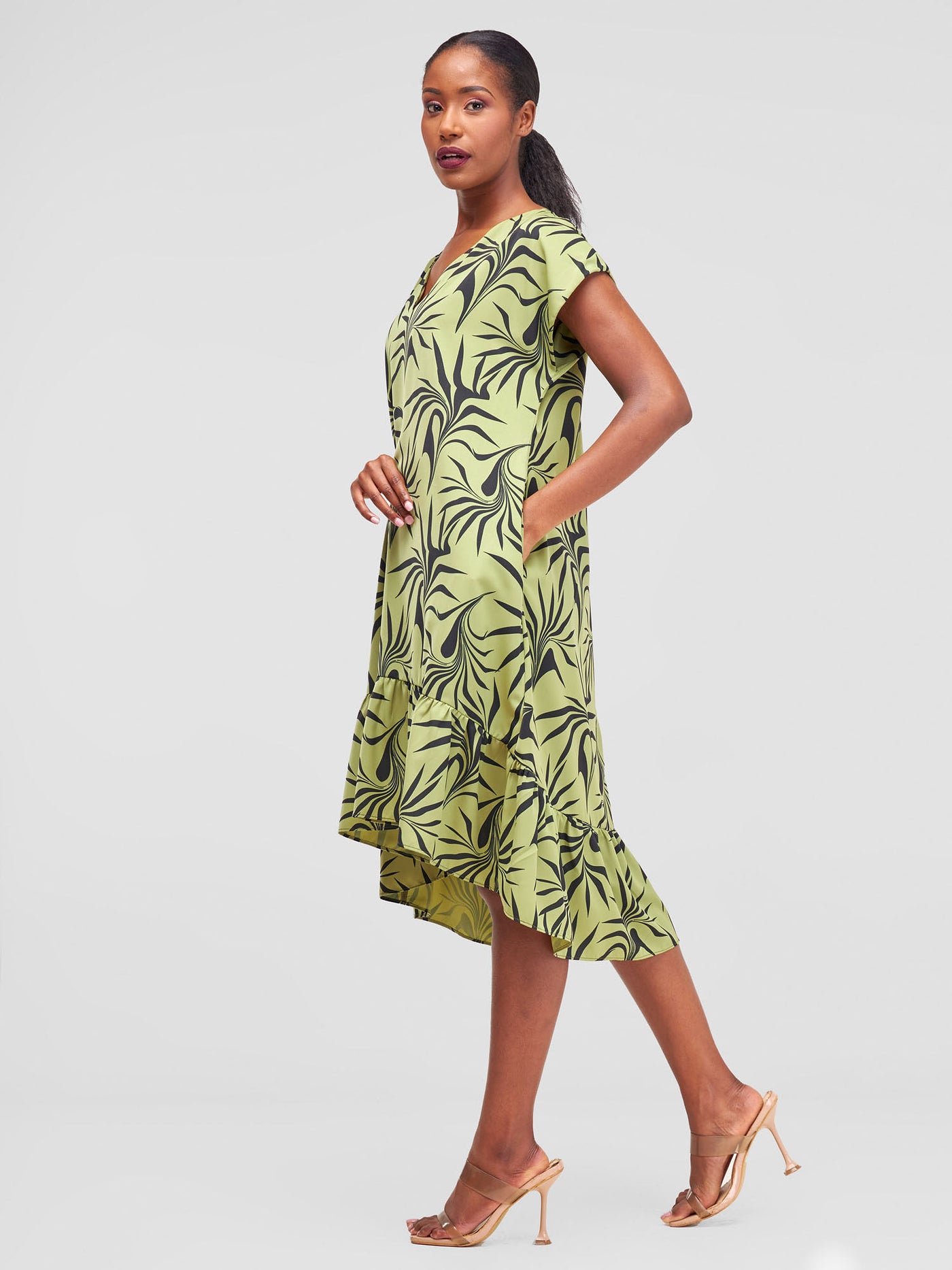 Vivo Asha Drop Shoulder Knee Length Dress - Lime Green / Black Tezo Print - Shopzetu