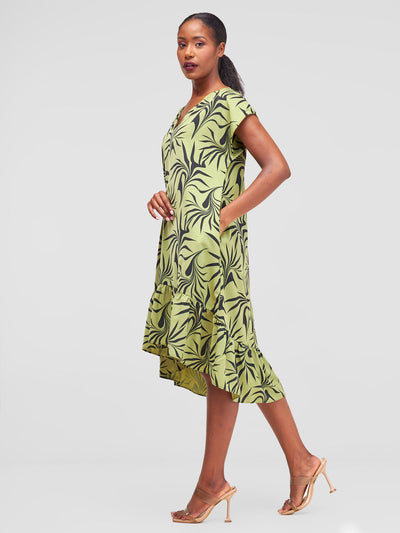Vivo Asha Drop Shoulder Knee Length Dress - Lime Green / Black Tezo Print - Shopzetu