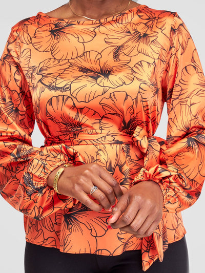 Vivo Basic Satin Bishop Sleeved Top - Orange Hibi Print - Shopzetu