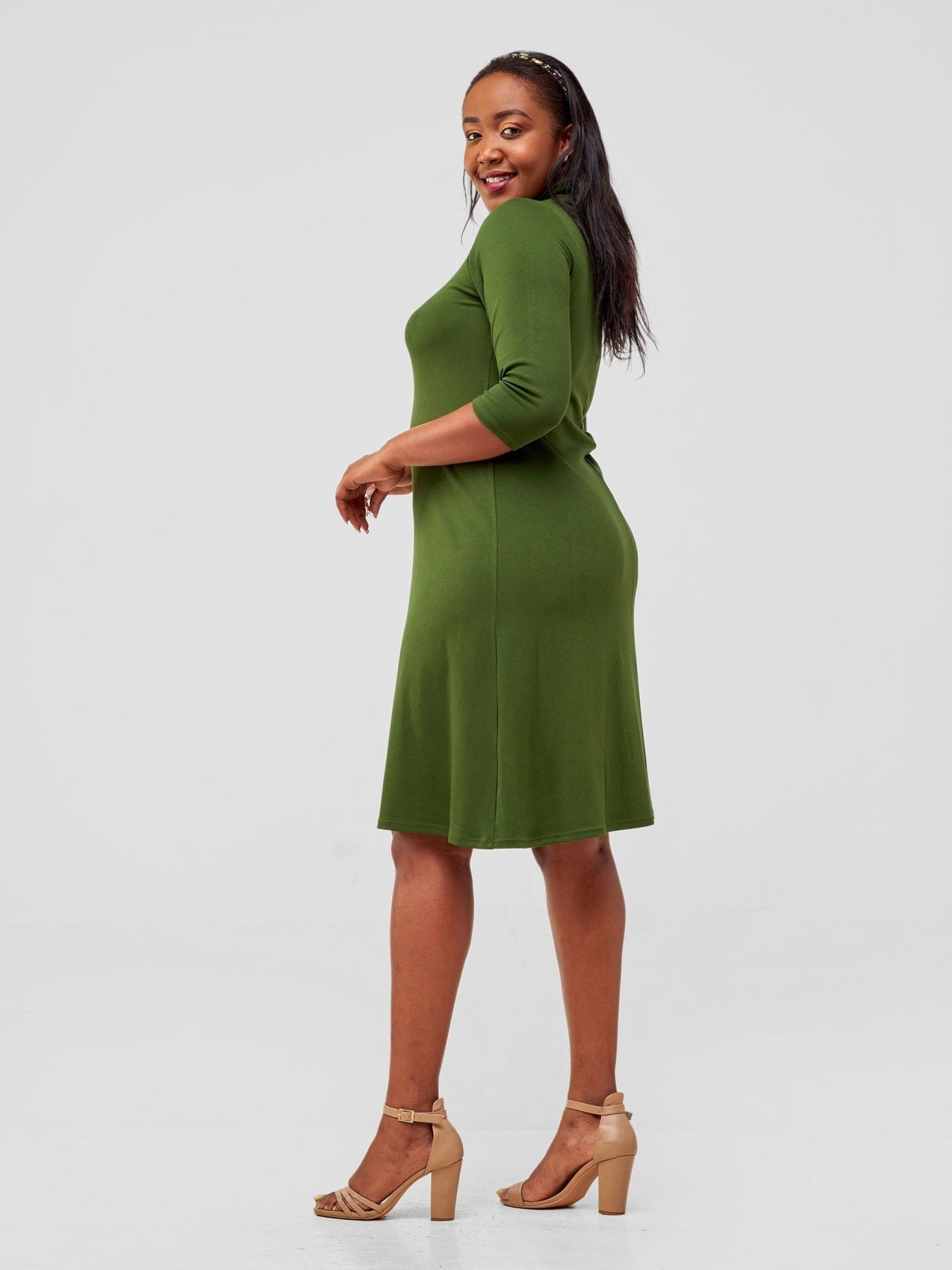 Vivo 3/4 Sleeve J.O Jersey A - line Knee Length Dress - Hunters Green - Shopzetu