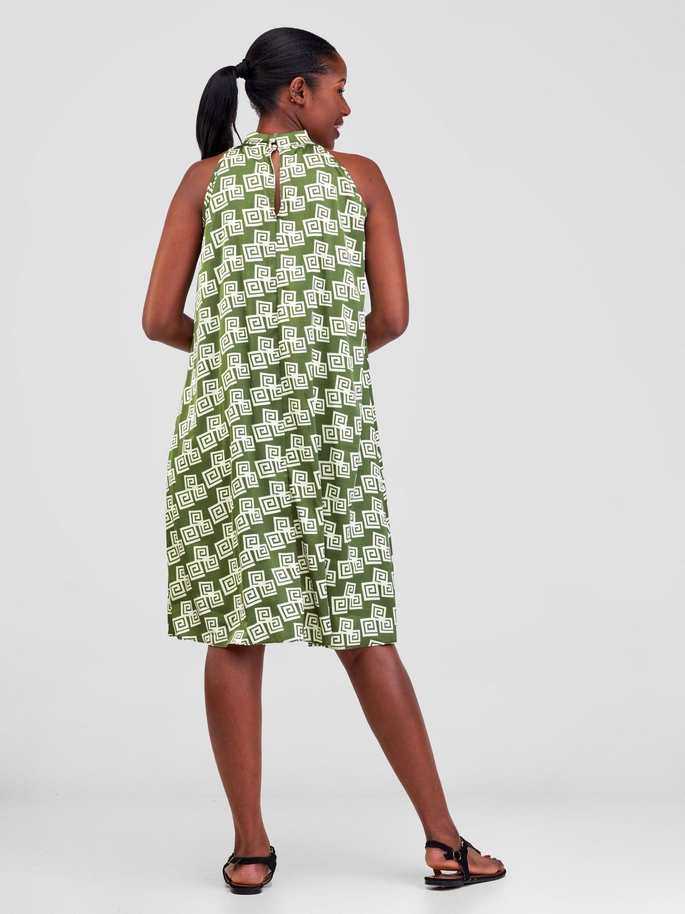 Vivo Jamila Halter Neck Knee Length Dress - Green / Cream Geometric Print - Shopzetu