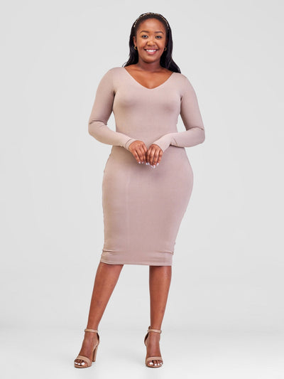 Vivo Basic Long Sleeved Double Layered Bodycon - Taupe - Shopzetu