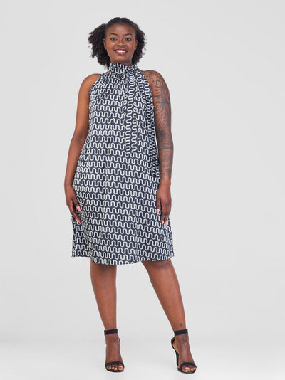 Vivo Jamila Halter Neck Knee Length Dress - Black / White Geometric Print - Shopzetu
