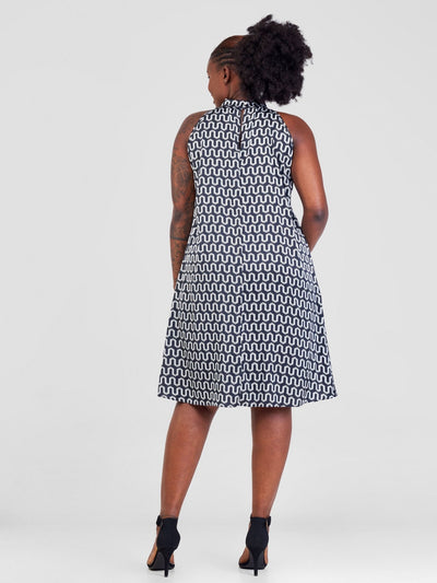 Vivo Jamila Halter Neck Knee Length Dress - Black / White Geometric Print - Shopzetu