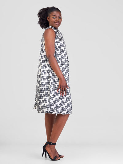 Vivo Jamila Halter Neck Knee Length Dress - Cream / Black Geometric Print - Shopzetu