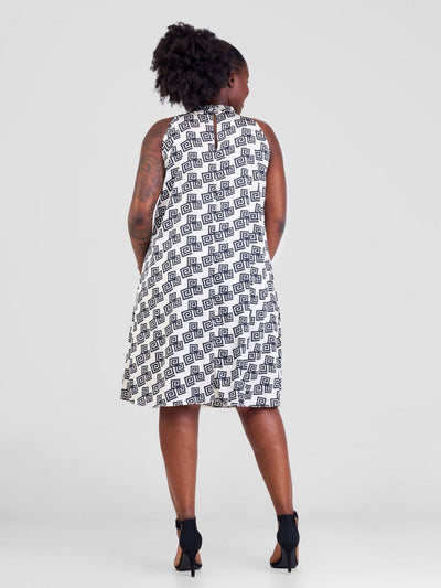 Vivo Jamila Halter Neck Knee Length Dress - Cream / Black Geometric Print - Shopzetu