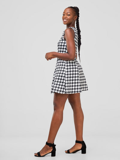 Zoya Sitawi A-line Mini Dress - Black / White Abstract Print - Shopzetu