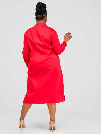 Alara Long Sleeve Maxi Shirt Dress - Red - Shopzetu