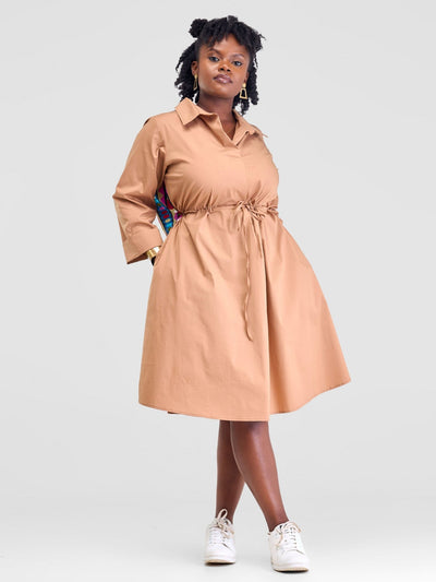 Safari Lira Drawstring Knee Length Dress - Taupe - Shopzetu