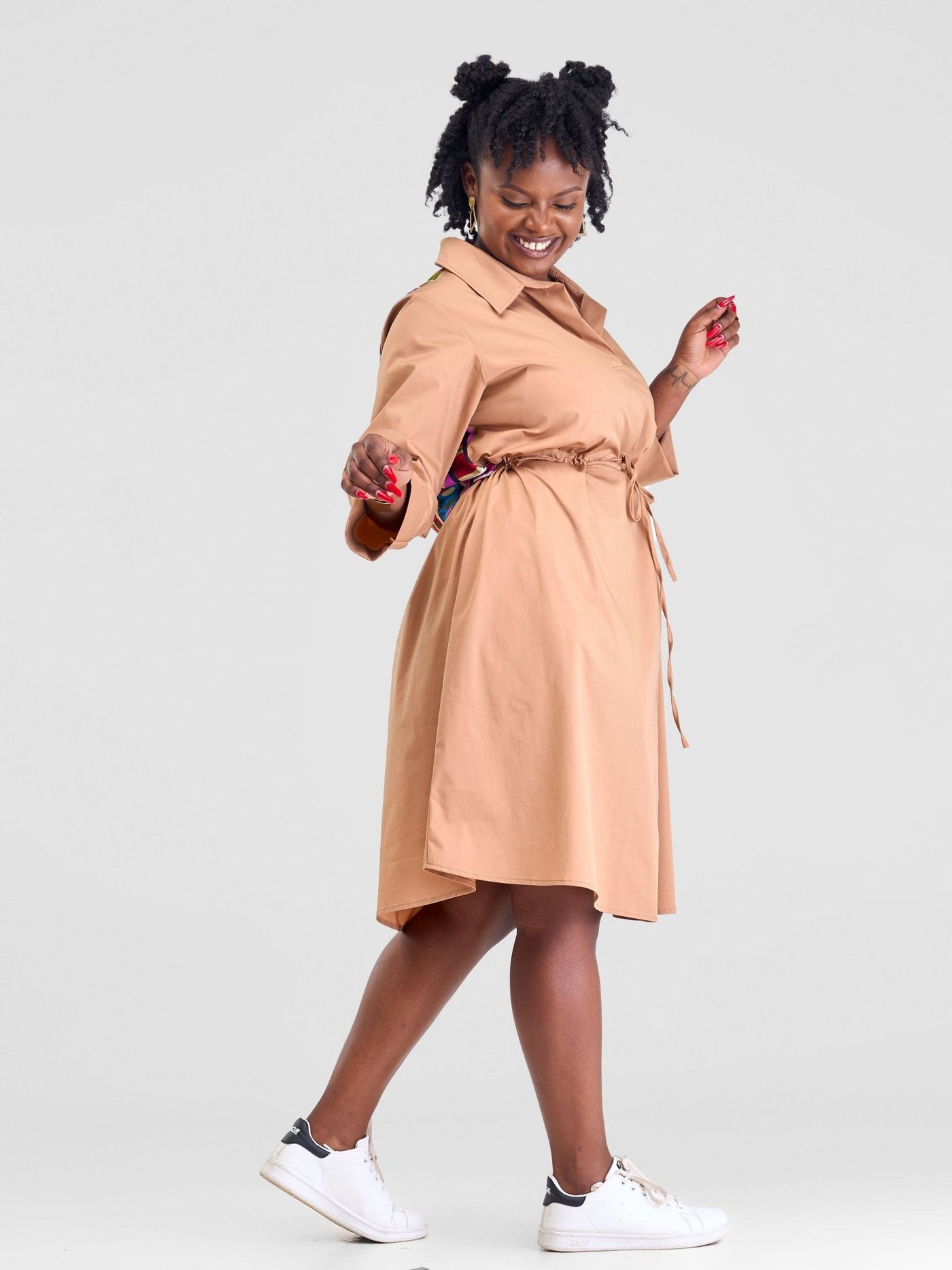 Safari Lira Drawstring Knee Length Dress - Taupe - Shopzetu