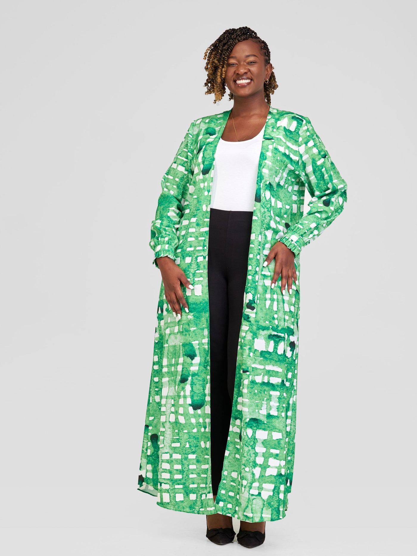 Vivo Ziwa Long Sleeve Ruffle Cuff Maxi Kimono - Green / Off White Zuri Abstract Print